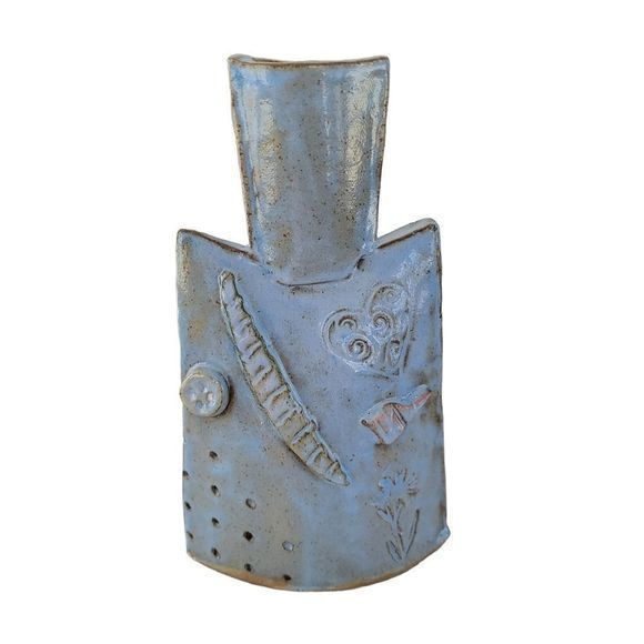 Handmade Pottery large blue beige vase‎ heart flower - Picture 1 of 5